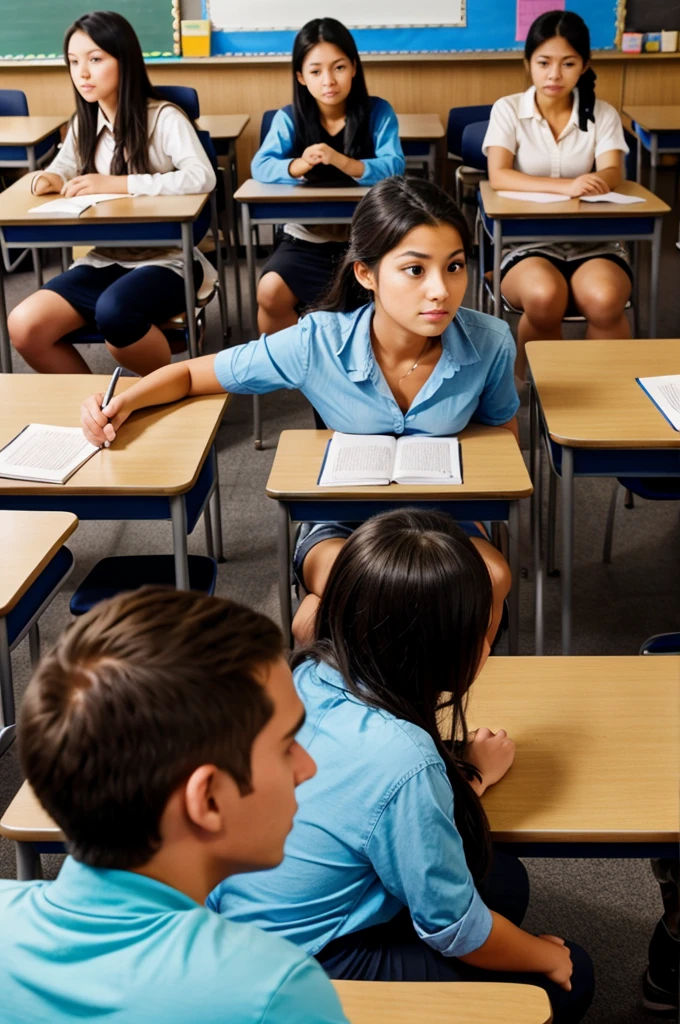 A classroom full of students, all intently focused on the lady teacher