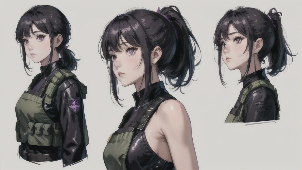 One girl,human, Dark hair with purple strands, Ponytail, purple eyes, black outfit,wearing bulletproof vest, beautiful, masterpiece, best quality, perfect lighting, extremely detailed CG unity 8k wallpaper, reference sheet, model sheet, simple white background, (multiple views, [from behind|from side|from front|close-up|upper body|portrait]:1),