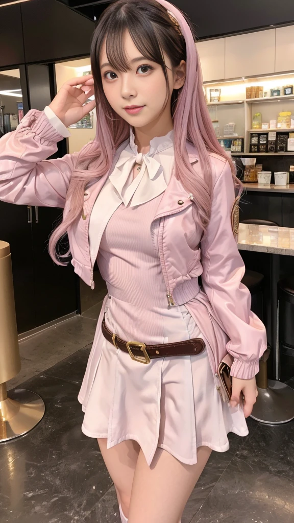 Romantic Idol Girl、whole body、Good style、、、、Gold tight mini dress、Fantastic City、、pink roll hair、Cool hero jacket、Great belt、