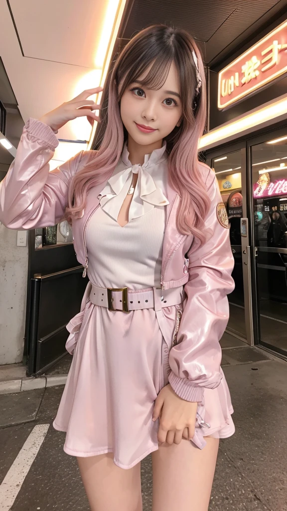 Romantic Idol Girl、whole body、Good style、、、、Gold tight mini dress、Fantastic City、、pink roll hair、Cool hero jacket、Great belt、