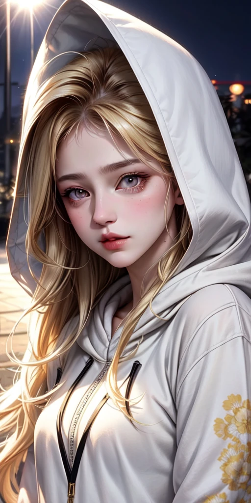 realistic, 1woman, blond hair, brown eyes, glowing eyes, white hoodie, pant, night, flowers, sun, sunlight, mature woman in her twenties, small sharp fierce eyes, beautiful but not cute, woman, full body picture