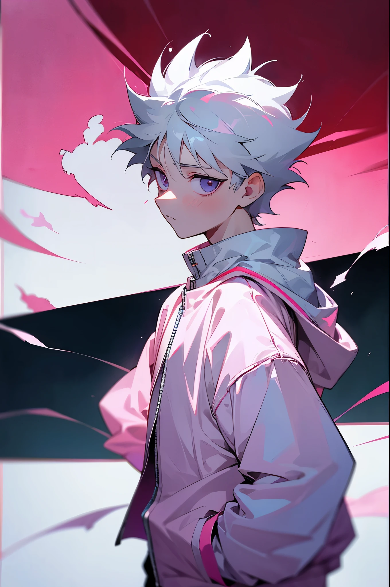 1boy, killua_zoldyck, solo, focus, teen, walking, looking down, worried, pink jacket, white shirt, shorts, upper body, from side, small town, soft light, looking at viewer, arms in pockets