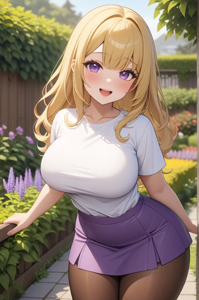 1 girl, purple eyes, pastel yellow hair, the hair covers one eye, wide, big breasts, big thighs, White T-shirt, purple skirt, brown pantyhose, beautiful smile, Open mouth, garden, looking at the viewer, Masterpiece, Best Quality, very aesthetic, absurdities, The newest one, intricate details, intricate, Generated AI