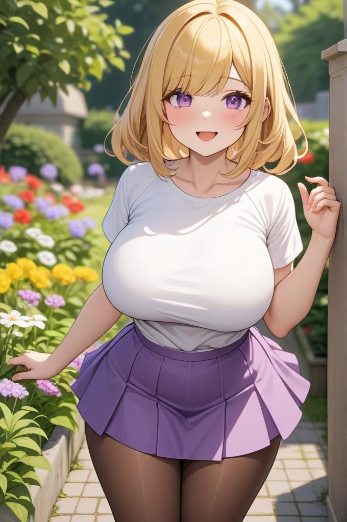 1 girl, purple eyes, pastel yellow hair, the hair covers one eye, wide, big breasts, big thighs, White T-shirt, purple skirt, brown pantyhose, beautiful smile, Open mouth, garden, looking at the viewer, Masterpiece, Best Quality, very aesthetic, absurdities, The newest one, intricate details, intricate, Generated AI