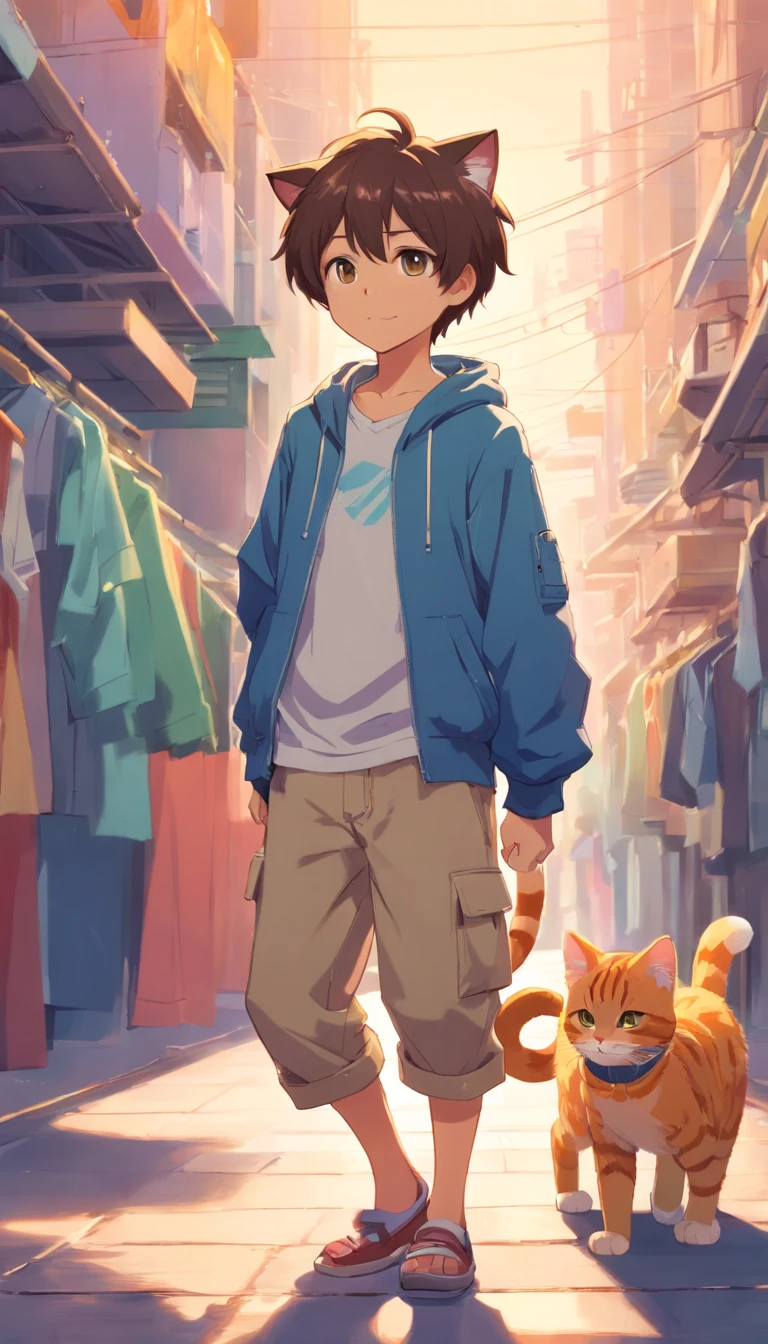 anthropomorphic cat, a boy, stylized clothes