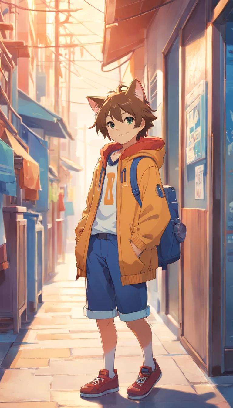 anthropomorphic cat, a boy, stylized clothes