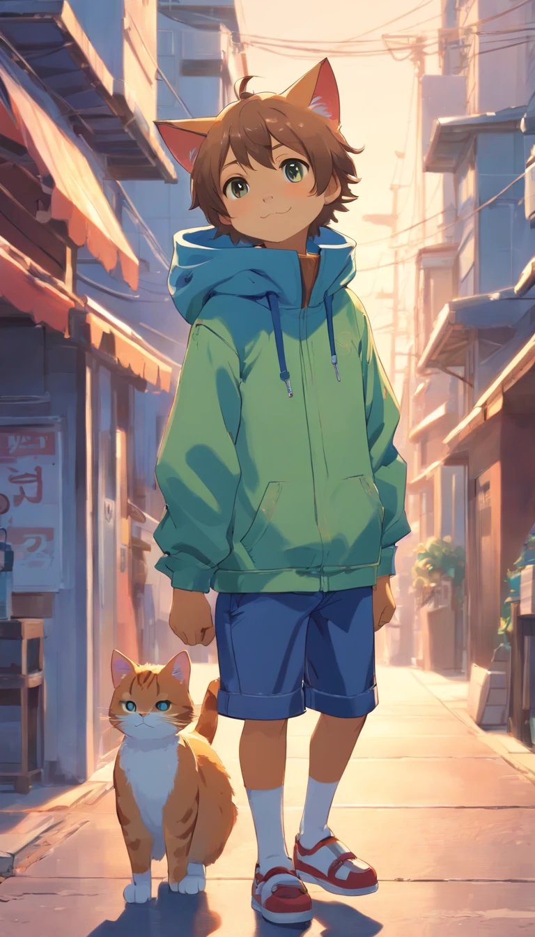 anthropomorphic cat, a boy, stylized clothes