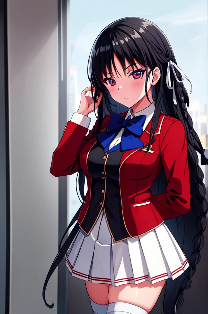 (masterpiece:1.3), (best quality:1.1), (8k, ultra detailed, ultra high res:1.2), (anime style), perfect 5 fingers, perfect anatomy, arms behind back,
1girl,
Suzune Horikita,
Suzune Horikita \(youjitsu\),
BREAK long hair, braid,
black hair,
red eyes, (focus detailed eyes:1.2),
blue bow,
(medium breasts:0.9),
BREAK (red jacket, long sleeves, white skirt, pleated skirt, black thigh-high socks),
looking at viewer,
cowboy shot,
perfect light, indoor, class room,