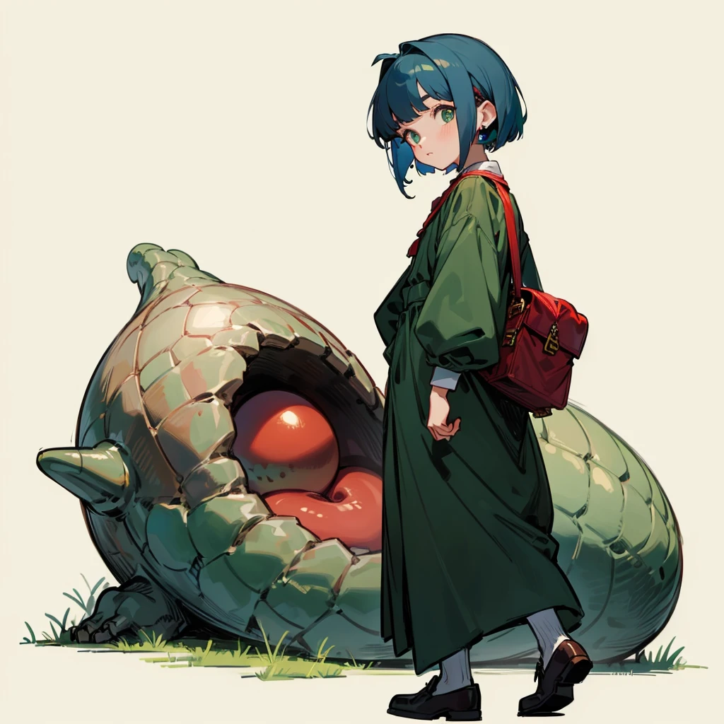 One , full body version, Grassroots background, blue hair, wavy bob hairstyle, green eyes, red cheeks, red earrings, flat facial expression, vintage clothing style, color clothes is more brown, dinosaur egg in his hand