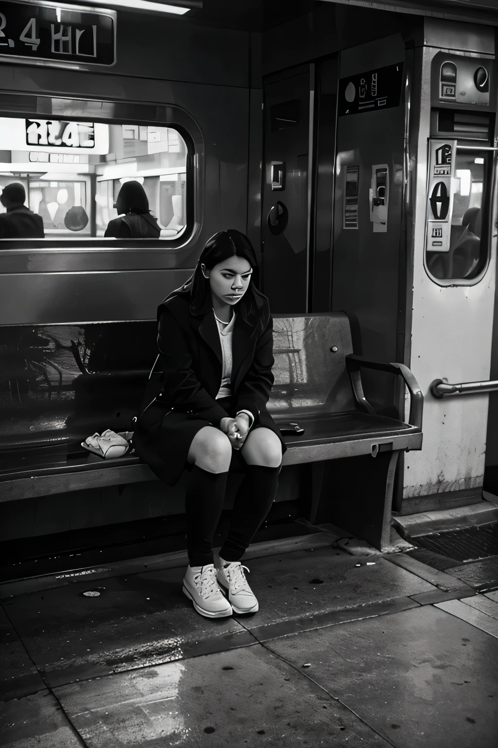 lonely woman waiting for the train, black and white