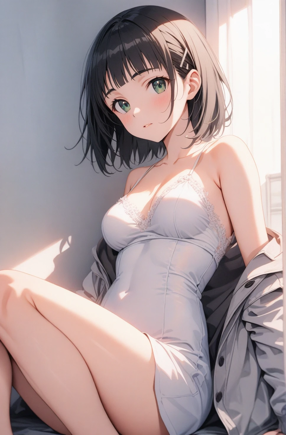 (masterpiece, best quality, ultra detailed, highres),4k, (illustration:0.5), (ray tracing:0.8),(anime colored:0.7),(ai-generated:0.5), ,1girl, (kirigaya suguha, sword art online), solo, nsfw, (green eyes, black hair, medium breasts;1.5), (Warm Light:1.3), thigh, (watercolor),