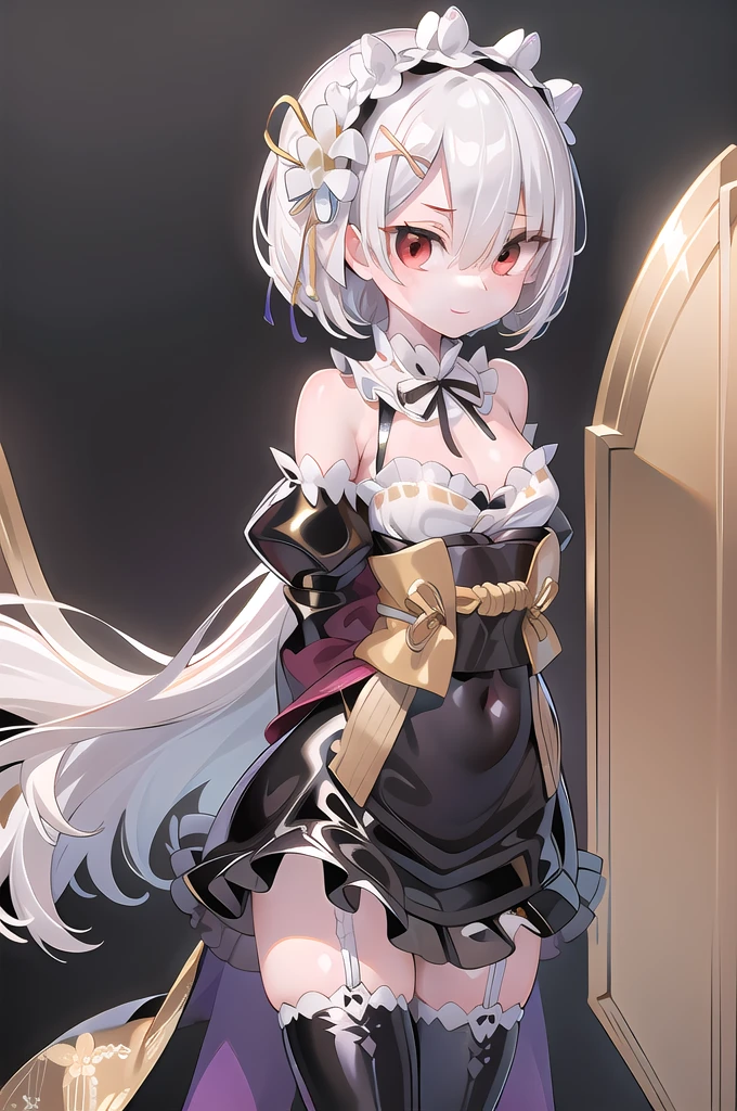 (1girl,solo),cowboy shot,standing,(white hair:1.6),(short hair:1.2),hair over one eye, hair ribbon, x hair ornament,(red eyes:1.4),(beautiful fingers:1.4),(perfect anatomy:1.6),(arms_behind_back:1.6),(cold_shoulder:1.2),BREAK,(gold kimono:1.7),(silk lace glossy lamé:1.4),(latex luster shiny glossy:1.6),(shiny_clothes:1.6),small breasts,beautiful breasts,(thin thighs:1.6),(gold thigh boots:1.4),(masterpiece),best quality,(Ultra high definition eyes:1.2),8k,(Beautiful detailed eyes:1.2),(Fine and beautiful eyes:1.2),(pretty eyes:1.2),finely detail,extremely CG, absurdres,high resolution,illustration,Detailed and beautiful outlines,finely detail,high resolution,(colorful refraction:1.4,Increase saturation:1.2),beautiful lighting,dynamic lighting,closed room,black background,simple background, smile,looking at viewer,ram1,ram \(re:zero\), white thighhighs, maid headdress, garter straps, black ribbon, long sleeves, neck ribbon, purple ribbon, wide sleeves, hair flower,(sheer sleeves:1.6)