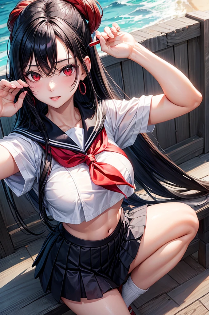 woman,sexy, female, mommy, black hair, red eyes, big chest, midriff, sailor uniform 