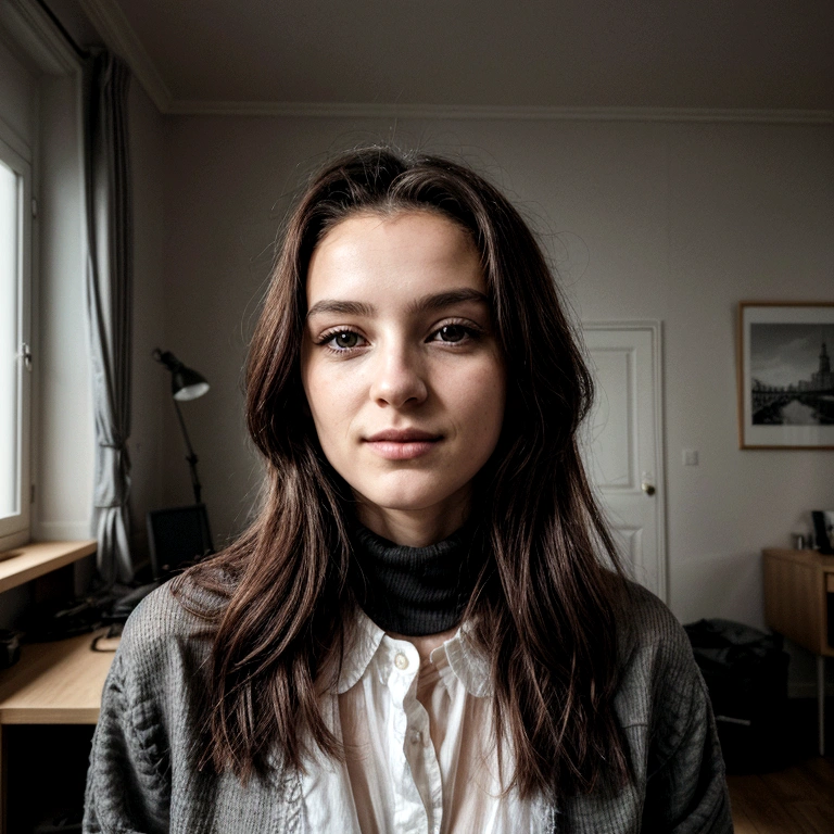 Un portrait photoréaliste d'une jeune béninoise de 21 ans avec de longs cheveux crépus et noirs flottants et des yeux noirs saisissants. Elle doit avoir une expression naturelle et accessible et être éclairée par la lumière douce du soleil. L'arrière-plan devrait être un un salon ou une chambre ou un bureau ensoleillé. Capturez cette image avec une photographie haute résolution à l'aide d'un objectif de 85 mm pour une perspective flatteuse.
