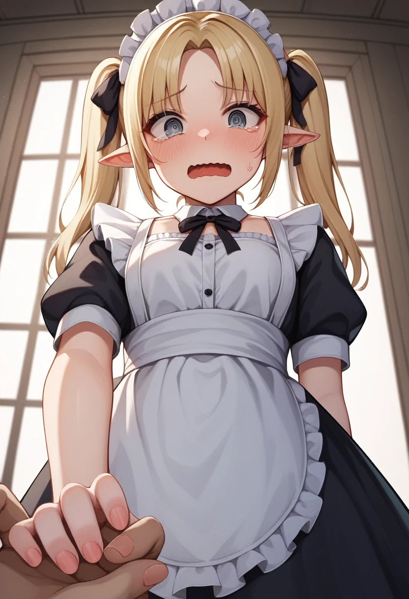 nsfw, masterpiece, One girl,Medium chest, Blonde, Twin tails, Hair above the eyes, Long bangs,Parted bangs, (Open_mouth,wavy mouth:1.2), cry, @ @, Grey Eyes, The pupils constrict, tears, Pointed Ears, Pale complexion,hands on own, Maid, Black Ribbon, Portraiture, View your viewers, From below, Dutch Angle, (emphasize_line:1.6)