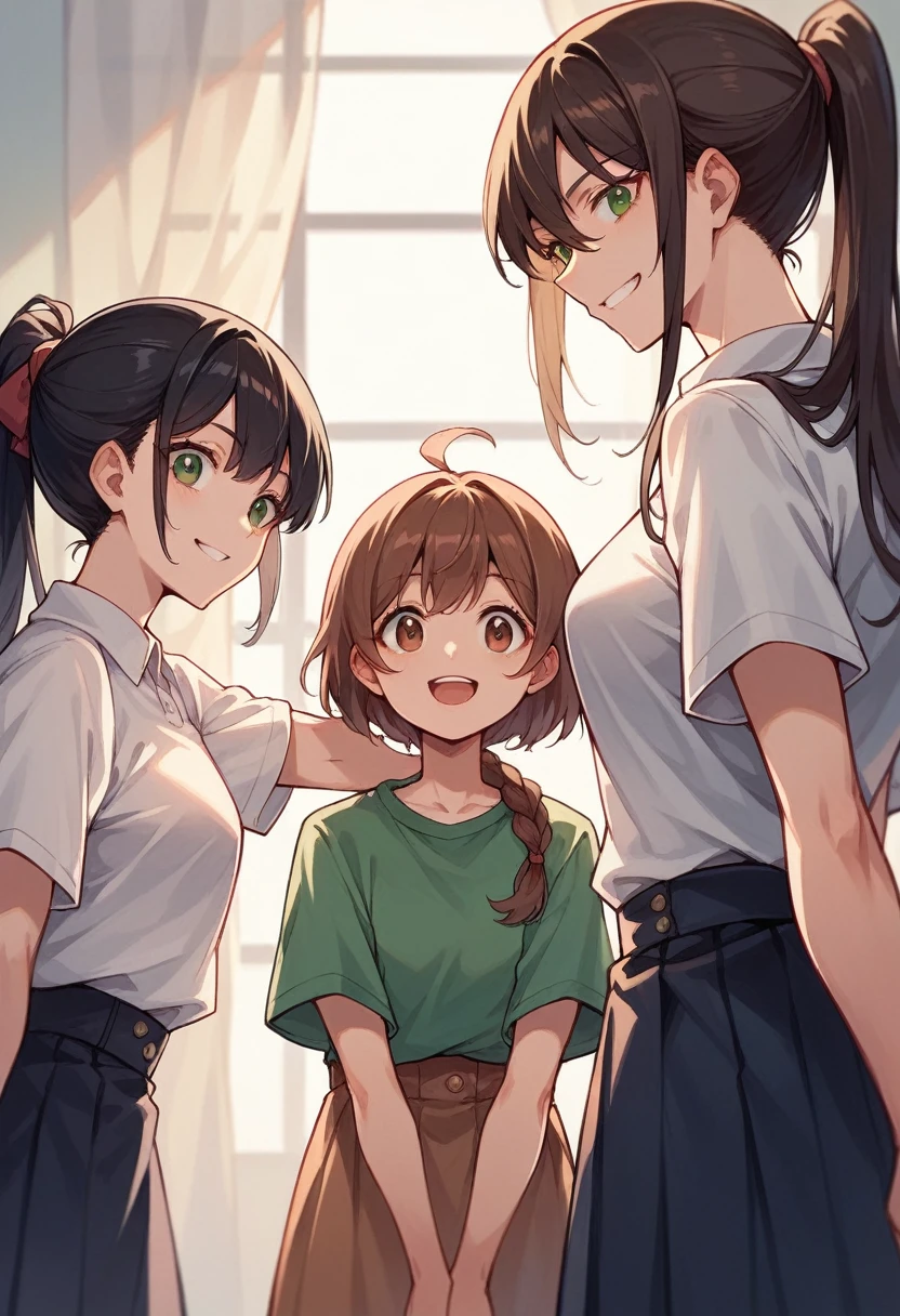 Anime 3 girls, the first is her black hair and her eye is short purple, the 2nd is her brown hair (only her) Linda smiling and her brown eyes 3 her long hair tied with ponytail( red her hair) and his green eyes (Masterpiece) anime