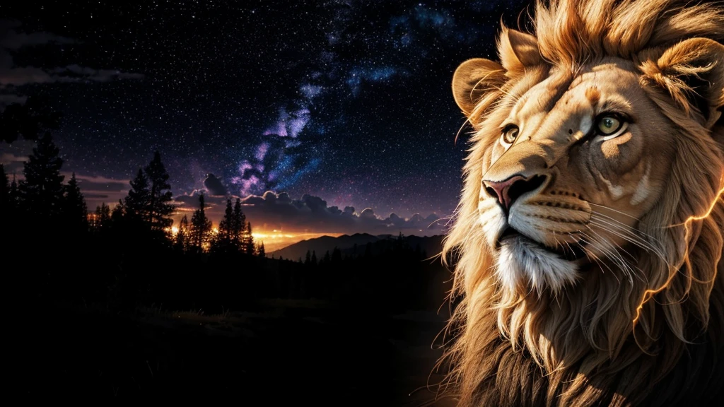 Lion, Divine Lion, naturals, Thunders, Realistic Lion, rey, realistic detailed, Sunset Light, Sky, Night Sun, realistic detailed 16K, Eletricidade Detalhada 8K, Texturas realistas de 8K, Cores photorrealistic 8K, fire azul, realistic detailed Fire Bolt, Sky Light Detailed, Power of thunder, Divine realistic, golden crown, golden crown, golden crown, naturey, Linda, Rendering, photorrealistic, UltraHigh definition, 4K, detailed textures, thunder, detailed shadows, detailed colors, neon blue, blue light, lightnings, blue power, naturey Linda, Great Divine, Peaceful Face, naturalss, lightning, Electric Power Screw, detailed contrast, realistic contrast, high resolution, detailed colors, fire, villany, divine creature, 8K FullHD, realistic detailed, 16K, 8K, High definition, detailed contrast, realistic contrast, high resolution, detailed colors, fire, villany, divine creature, 8K Realistic Lion Face, realistic detailed, posh, elegance