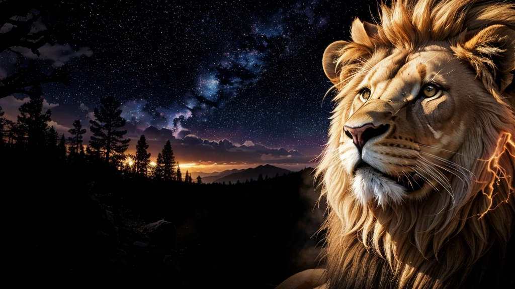 Lion, Divine Lion, naturals, Thunders, Realistic Lion, rey, realistic detailed, Sunset Light, Sky, Night Sun, realistic detailed 16K, Eletricidade Detalhada 8K, Texturas realistas de 8K, Cores photorrealistic 8K, fire azul, realistic detailed Fire Bolt, Sky Light Detailed, Power of thunder, Divine realistic, golden crown, golden crown, golden crown, naturey, Linda, Rendering, photorrealistic, UltraHigh definition, 4K, detailed textures, thunder, detailed shadows, detailed colors, neon blue, blue light, lightnings, blue power, naturey Linda, Great Divine, Peaceful Face, naturalss, lightning, Electric Power Screw, detailed contrast, realistic contrast, high resolution, detailed colors, fire, villany, divine creature, 8K FullHD, realistic detailed, 16K, 8K, High definition, detailed contrast, realistic contrast, high resolution, detailed colors, fire, villany, divine creature, 8K Realistic Lion Face, realistic detailed, posh, elegance