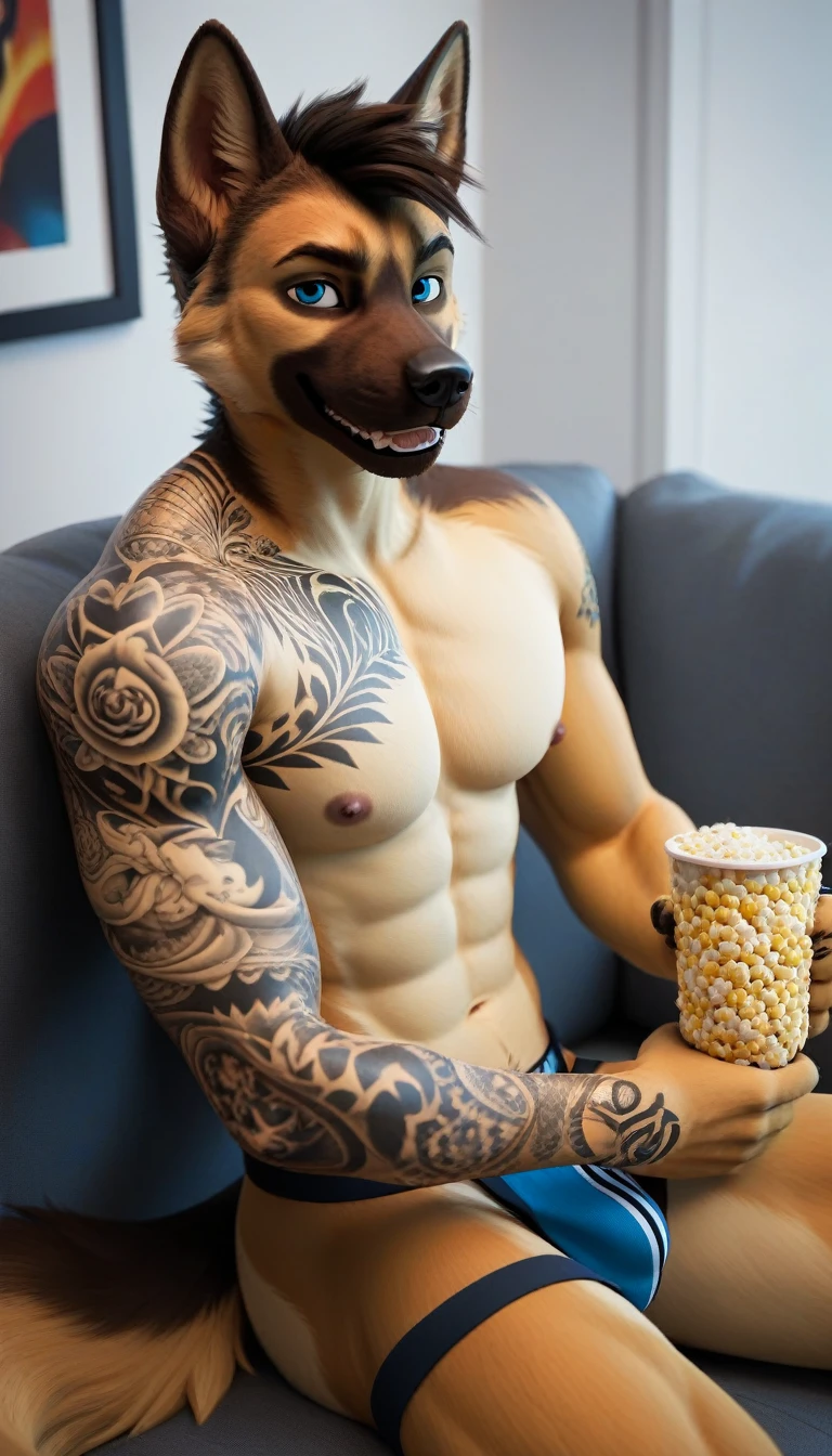 score_9, score_8_up, score_7_up, rating_safe,source_furry,anthro,source_3D, Sexy muscular male german shepherd (tattoos:1.9) Alone at home Sitting on the couch watching a great football game, jockstrap Blue eyes Looking at the viewer very horny And eating great popcorn