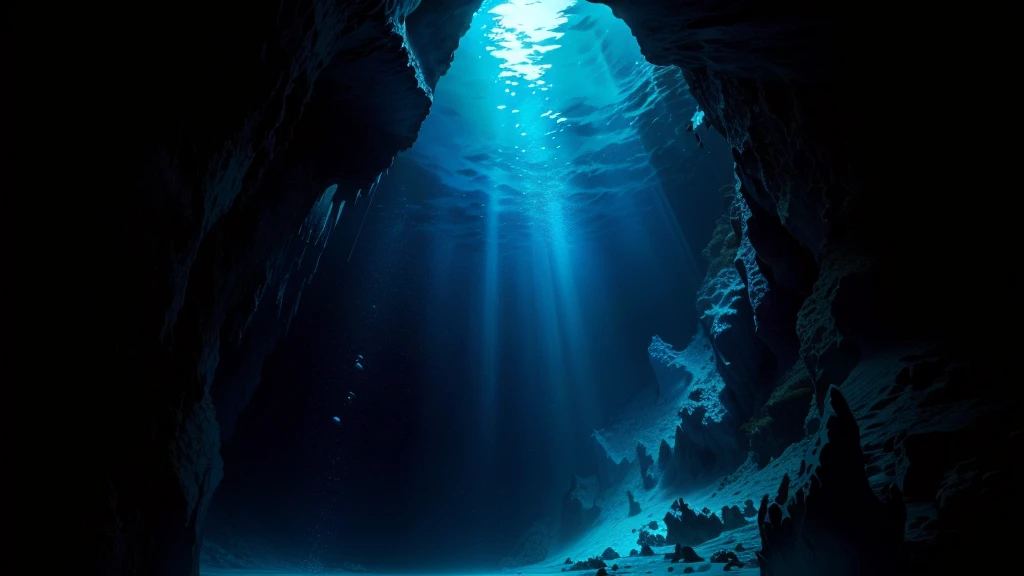 There is a person swimming in a deep blue cave, extreme depth, Mariana Trench, Descend into the depths, Deep Sea Photography, Deep Sea Scenery, depth, 信じられないほどのdepth, 驚くべきdepth, Humans are hiding in the water, Deep underwater, seabed, Underwater crystal cave, underwater looking up, Deep underwater scene, In the abyss, a portal to the depth