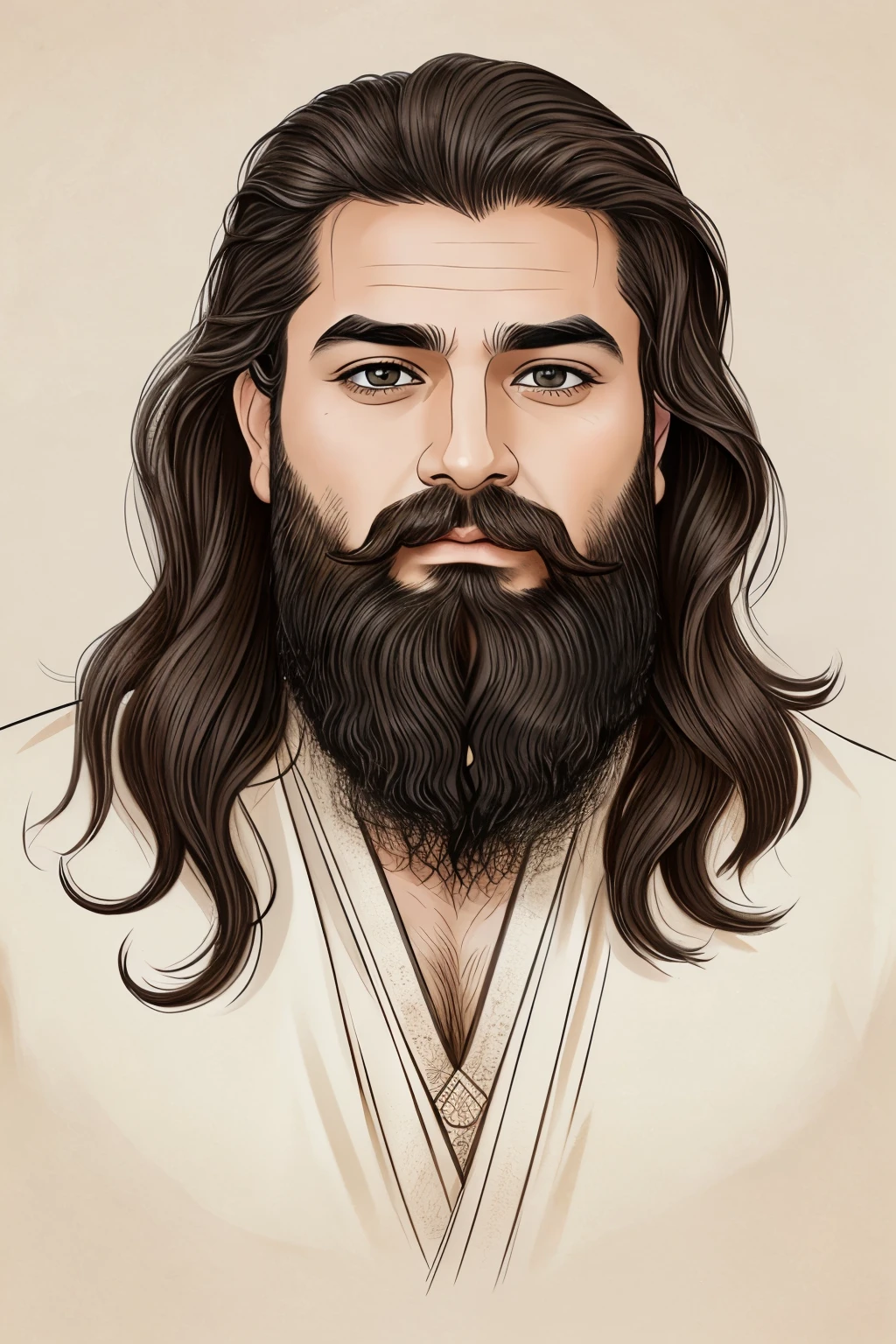 Face Shape: Start with an oval shape for his face.
Facial Features:
Eyes: Draw almond-shaped eyes with deep-set eyelids.
Eyebrows: Add thick, slightly arched eyebrows.
Nose: Draw a long, straight nose.
Mouth: Sketch a small, serious mouth with a slight curve.
Hair:
Head: Draw long, wavy hair flowing down to his shoulders.
Beard: Add a full, long beard that merges into his hair.
Clothing: Draw a simple, traditional Indian robe or kurta.
Details: Add fine lines to indicate age, especially around the eyes and mouth, and slight shading for depth.