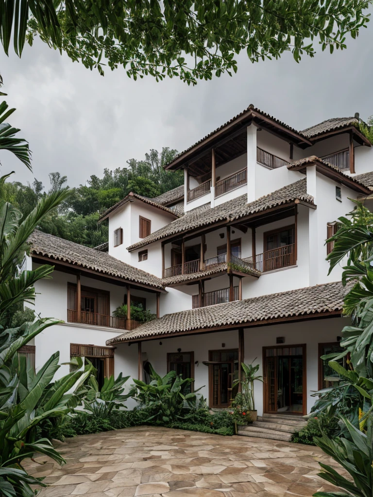 photography, tropical villa, white stucco walls, gable tiled roof, wood column supports, upper level balcony, lush greenery, potted plants, open veranda, overcast sky, wide shot, natural daylight   