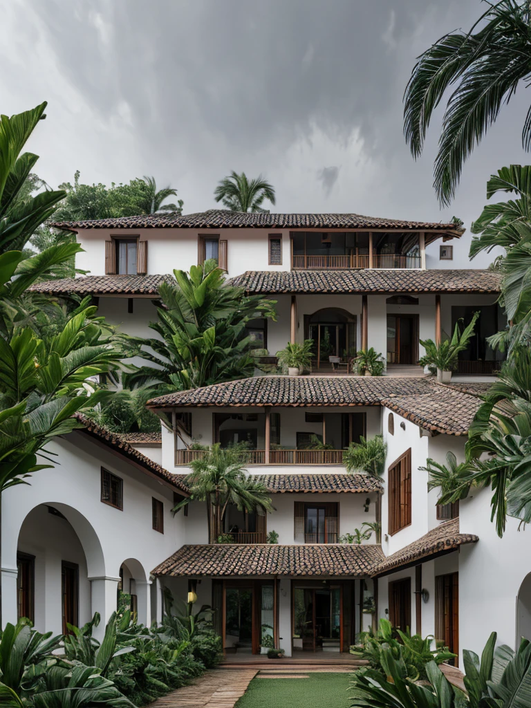 photography, tropical villa, white stucco walls, gable tiled roof, wood column supports, upper level balcony, lush greenery, potted plants, open veranda, overcast sky, wide shot, natural daylight   