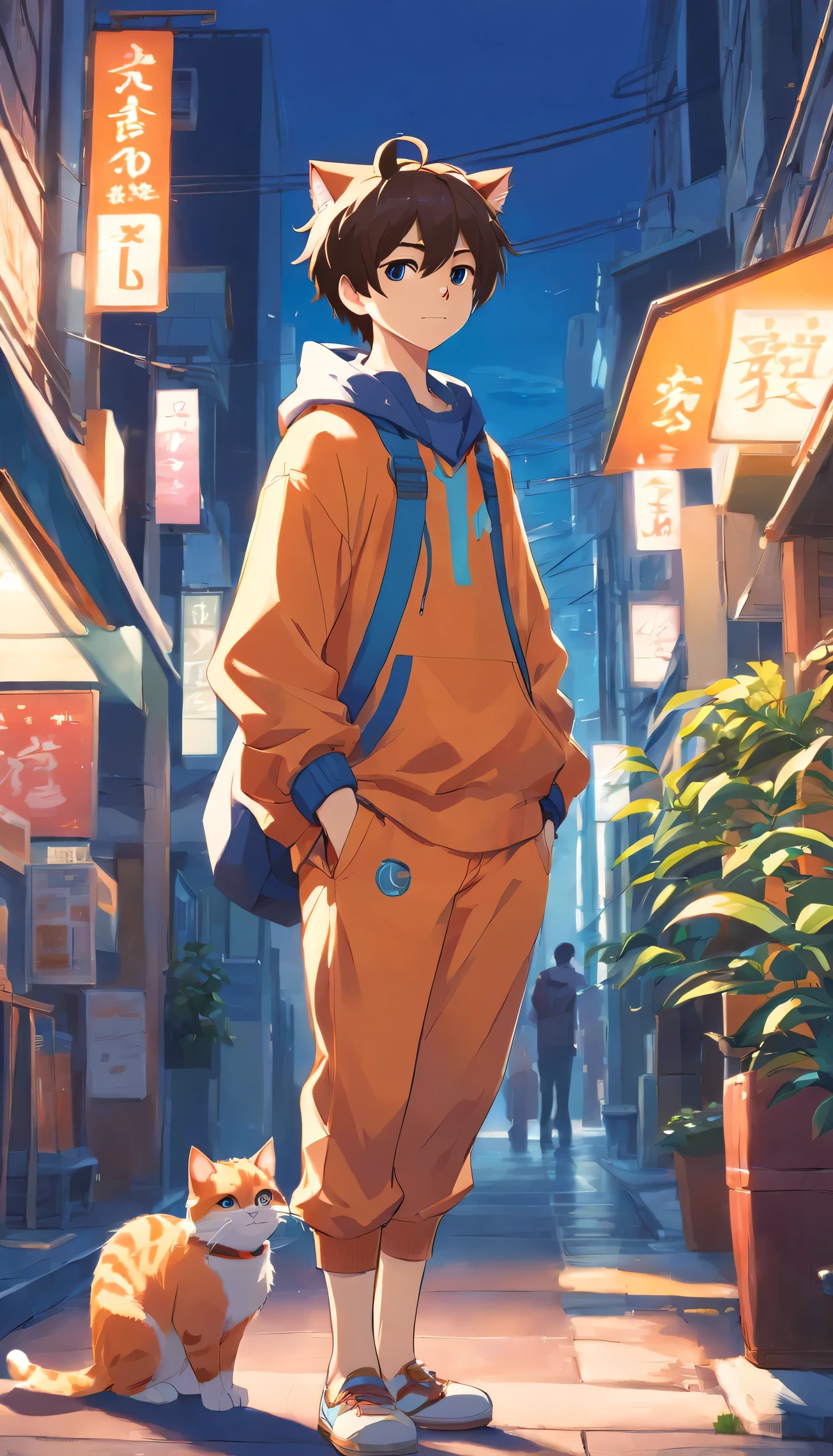 anthropomorphic cat, a boy, stylized clothes
