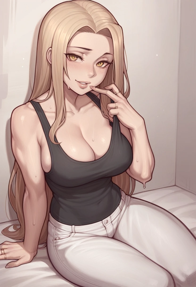 _asura style, 1girl, breasts, cleavage, large_breasts, solo, blush, long_hair, sweat, black_nails, tank_top, sitting, black_hair, looking_at_viewer, smile, shirt_pull, white_tank_top, clothes_pull, nail_polish, finger_to_mouth, parted_lips, jewelry, ring, brown_eyes, collarbone, yellow_eyes, bare_shoulders