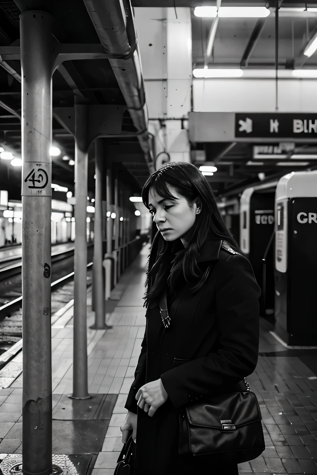 lonely woman waiting for the train, black and white