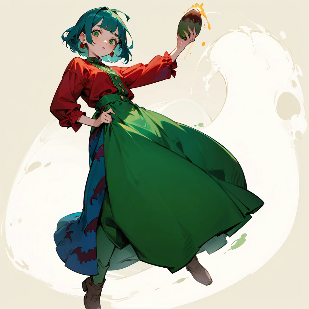 One , full body version, Grassroots background, blue hair, wavy bob hairstyle, green eyes, red cheeks, red earrings, flat facial expression, vintage clothing style, color clothes is more brown, dinosaur egg in his hand