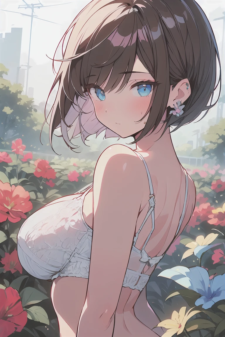 (best quality), (Super detailed), (Best Illustration), (masterpiece), (woman), {(white bra:1.2)}, (large breasts:1.2), {brown hair, (sideburns), (bob cut:1.3), curly hair, hairs between eyes, colored inner hair}, {(detailed eyes), blue eyes}, blush, earring, wind, (flower garden)