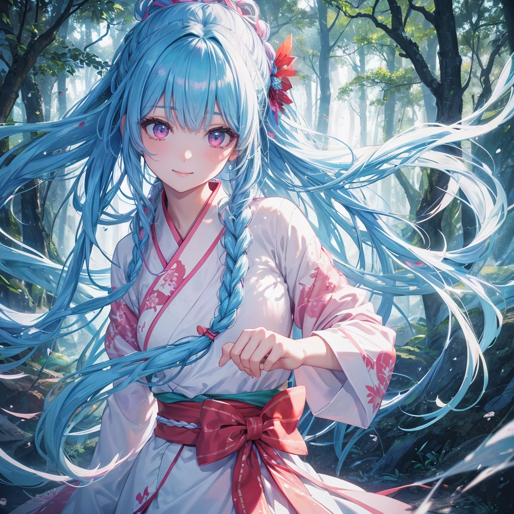 sky Blue hair, (braided ponytail),(pink eyes),fair skin ,(full body),1 girl,smile,white red kimono,Fresh green forest,Forest Goddess,Straight Bangs,(masterpiece, best quality, ultra-detailed, best shadow), (detailed background), (beautiful detailed face), high contrast, (best illumination, an extremely delicate and beautiful), ((cinematic light)), colorful, hyper detail, dramatic light, intricate details,guardian of the forest,Leaf Blizzard,high quality,