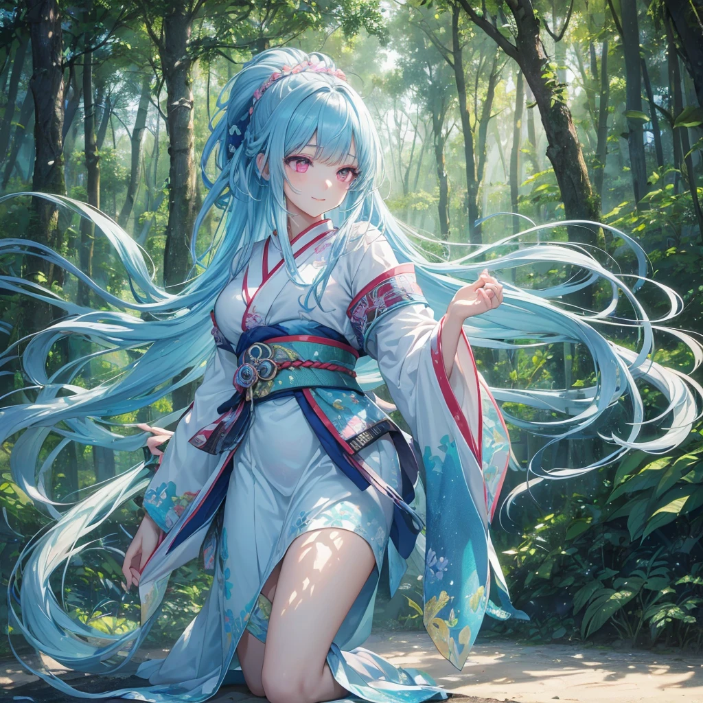 sky Blue hair, (braided ponytail),(pink eyes),fair skin ,(full body),1 girl,smile,white red kimono,Fresh green forest,Forest Goddess,Straight Bangs,(masterpiece, best quality, ultra-detailed, best shadow), (detailed background), (beautiful detailed face), high contrast, (best illumination, an extremely delicate and beautiful), ((cinematic light)), colorful, hyper detail, dramatic light, intricate details,guardian of the forest,Leaf Blizzard,high quality,