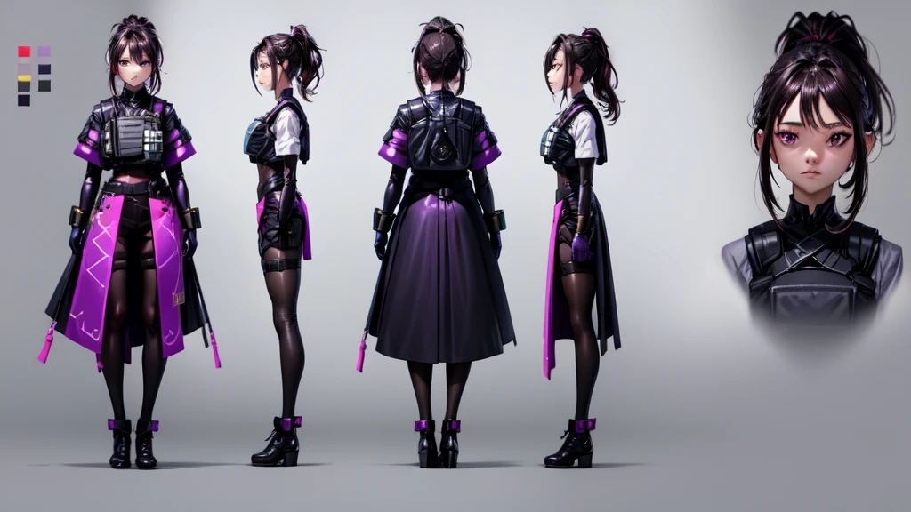 One girl,human, Dark hair with purple strands, Ponytail, purple eyes, black outfit,wearing bulletproof vest, beautiful, masterpiece, best quality, perfect lighting, extremely detailed CG unity 8k wallpaper, reference sheet, model sheet, simple white background, (multiple views, [from behind|from side|from front|close-up|upper body|portrait]:1),