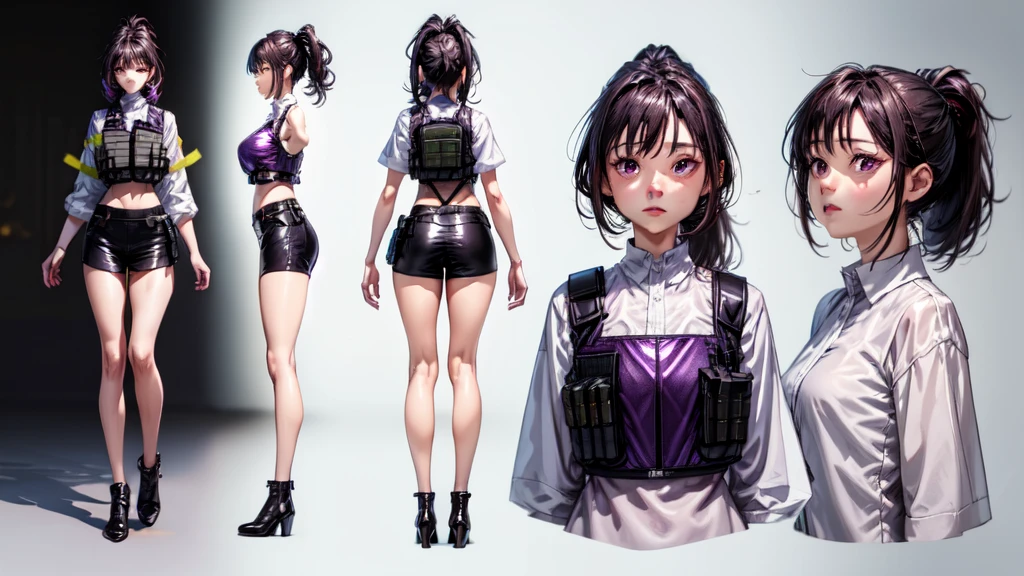 One girl,human, Dark hair with purple strands, Ponytail, purple eyes, black outfit,wearing bulletproof vest, beautiful, masterpiece, best quality, perfect lighting, extremely detailed CG unity 8k wallpaper, reference sheet, model sheet, simple white background, (multiple views, [from behind|from side|from front|close-up|upper body|portrait]:1),