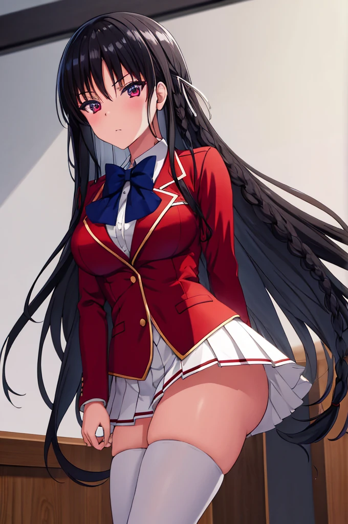 (masterpiece:1.3), (best quality:1.1), (8k, ultra detailed, ultra high res:1.2), (anime style), perfect 5 fingers, perfect ???????, arms behind back, 
1girl,
Suzune Horikita, 
Suzune Horikita \(youjitsu\),
BREAK long hair, braid, 
black hair, 
red eyes, (focus detailed eyes:1.2), 
blue bow, 
(medium breasts:0.9), 
BREAK (red jacket, long sleeves, white skirt, pleated skirt, black thigh-high socks:1.2), 
looking at viewer, 
cowboy shot, 
perfect light, indoor, class room, 