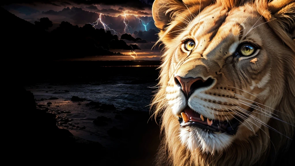 Lion, Divine Lion, naturals, Thunders, Realistic Lion, rey, realistic detailed, Sunset Light, Sky, Night Sun, realistic detailed 16K, Eletricidade Detalhada 8K, Texturas realistas de 8K, Cores photorrealistic 8K, fire azul, realistic detailed Fire Bolt, Sky Light Detailed, Power of thunder, Divine realistic, golden crown, golden crown, golden crown, naturey, Linda, Rendering, photorrealistic, UltraHigh definition, 4K, detailed textures, thunder, detailed shadows, detailed colors, neon blue, blue light, lightnings, blue power, naturey Linda, Great Divine, Peaceful Face, naturalss, lightning, Electric Power Screw, detailed contrast, realistic contrast, high resolution, detailed colors, fire, villany, divine creature, 8K FullHD, realistic detailed, 16K, 8K, High definition, detailed contrast, realistic contrast, high resolution, detailed colors, fire, villany, divine creature, 8K Realistic Lion Face, realistic detailed, posh, elegance