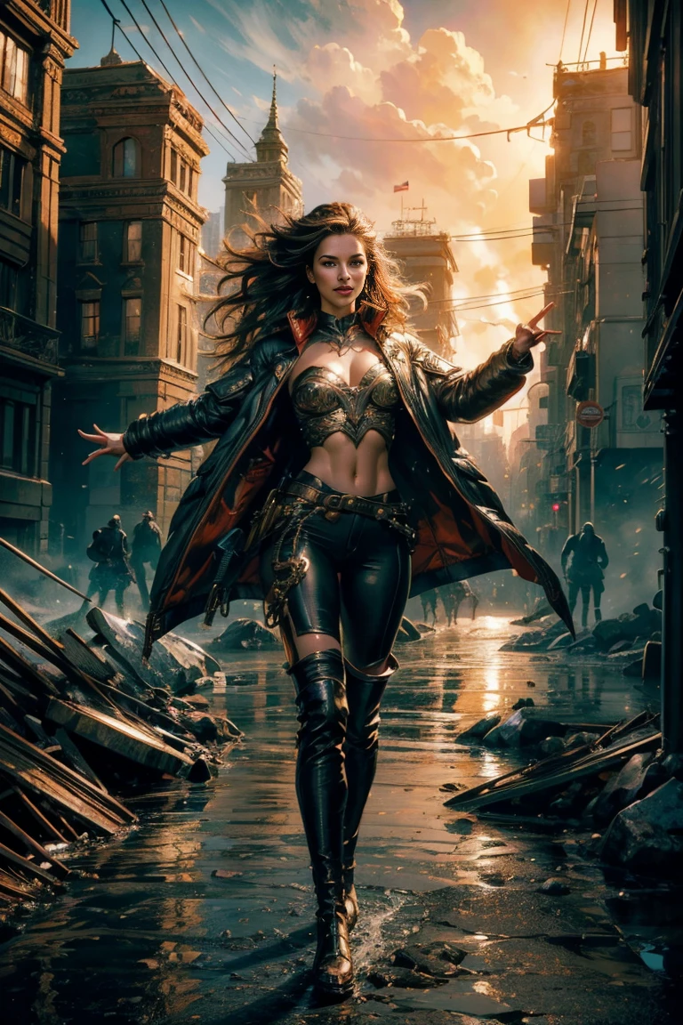 photorealism, full body, a young woman, puffer down jacket & pants, leather, beautiful realistic eyeantastic face, beautiful look, Michael Garmash, Daniel F Gerhartz, Storybook style, warm dreamy lighting, white background, volumetric lighting, pulp adventure style, fluid acrylic, dynamic gradients, vivid color, illustration, highly detailed vector curves, , smooth and clean, vector art, smooth, Johan Grenier, character design, 3d shading, cinematic, ornate patterns, elegant organic framing, hyperrealism, posterized, collection of masterpieces, lush vivid colors, twilight, wet gouache 