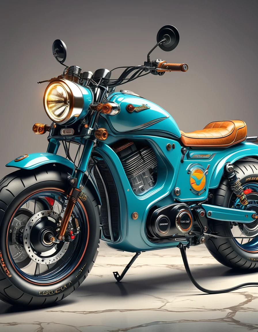 a retro-colored, digital illustration style, an electric motorcycle (with a novel, unique style), (with a perfect anatomical structure), masterpiece, extremely detailed, photorealistic, best quality, exquisite texture, high-quality artwork by a master artist，Exaggerated tire details，，Leather cushion，