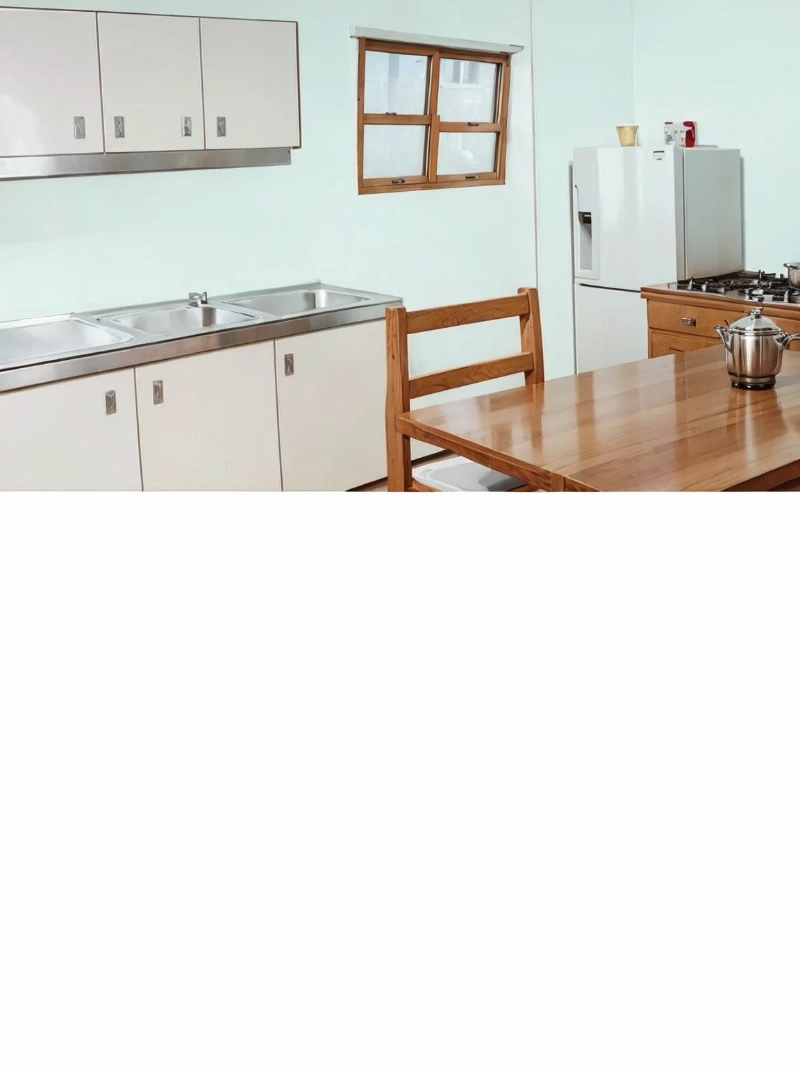 A kitchen white cabinets a wooden table and a wooden chair a silver stove with red buttons a white refrigerator and a window with daylight fantastic art 8k ultra realistic