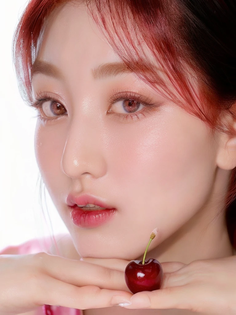 there is a red-haired woman holding a cherry in her hand, South Korean popular makeup, Popular Korean makeup, jinyoung shin, tzuyu of two times, bae suzy, Shiny from the rain, with beautiful loving eyes, heonhwa choe, jaeyeon nam, Red cheeks, parque me, cai xukun, red contact lenses