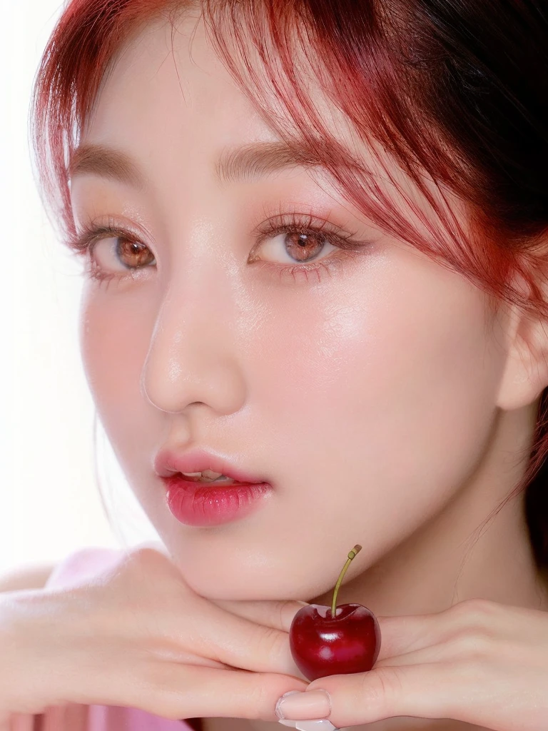 there is a red-haired woman holding a cherry in her hand, South Korean popular makeup, Popular Korean makeup, jinyoung shin, tzuyu of two times, bae suzy, Shiny from the rain, with beautiful loving eyes, heonhwa choe, jaeyeon nam, Red cheeks, parque me, cai xukun, red contact lenses
