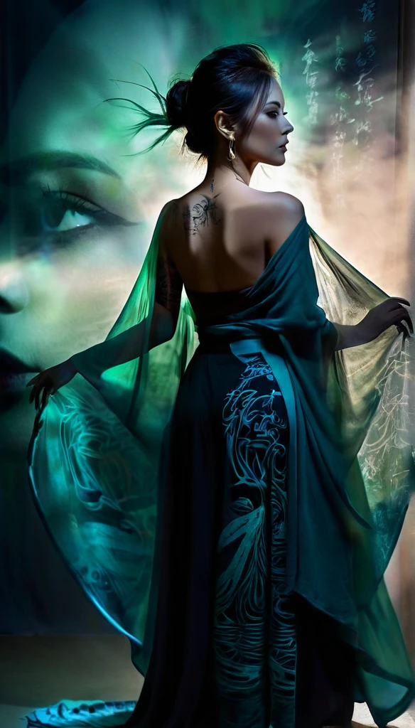 Double Exposure Style,Volumetric Lighting,a girl (Supermodel) with Wrap top,arching her back, beautiful tattoo, Traditional Attire,Artistic Calligraphy and Ink,light depth,dramatic atmospheric lighting,Volumetric Lighting,double image ghost effect,image combination,double exposure style,