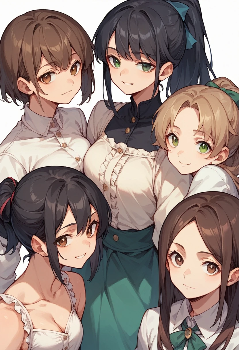Anime 3 girls, the first is her black hair and her eye is short purple, the 2nd is her brown hair (only her) Linda smiling and her brown eyes 3 her long hair tied with ponytail( red her hair) and his green eyes (Masterpiece) anime