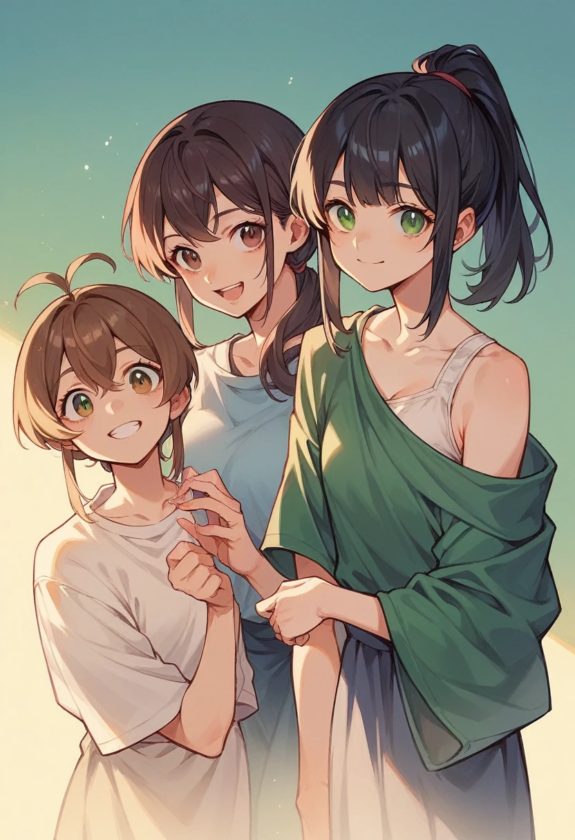 Anime 3 girls, the first is her black hair and her eye is short purple, the 2nd is her brown hair (only her) Linda smiling and her brown eyes 3 her long hair tied with ponytail( red her hair) and his green eyes (Masterpiece) anime