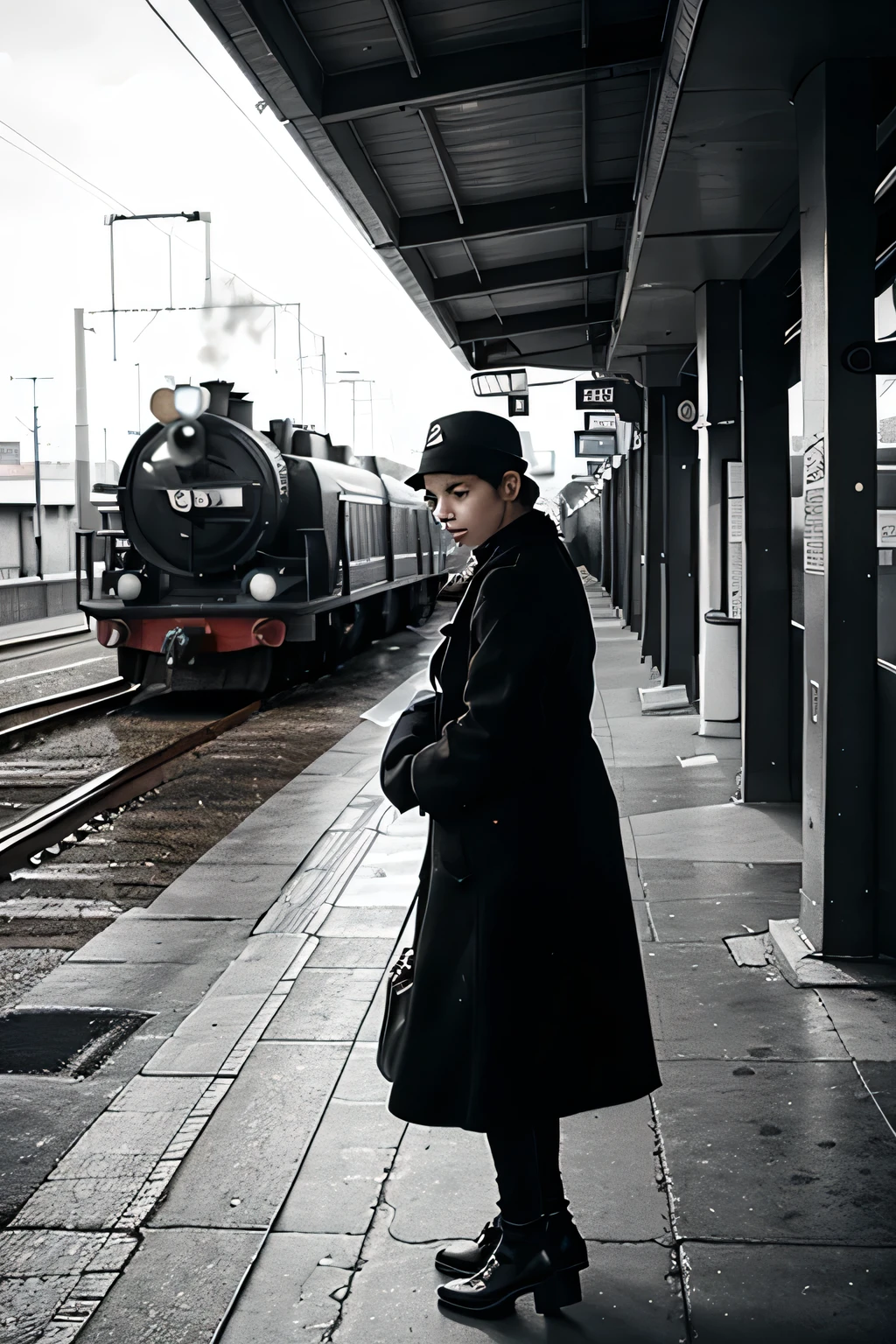 lonely woman waiting for the train, black and white, vintage train station