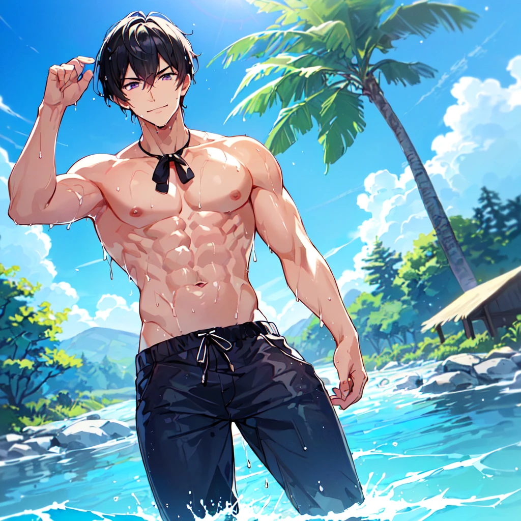 masterpiece,best quality,high quality,extremely detailed,(male austere handsome one solo adult age 30 years old:1.5),(purple eyes, cool with suspended eyes), body strong and fearless 8.5 head tall and 185cm tall,(well-groomed black hair short hair to neck:1.4), (bangs parted in 7 thirds:1.4), (pectoral and rectus abdominis:1.3), slender nose, facial muscles, (saltwater pants:1.3), (hand on neck:1.3), (scowling smile:1.3), (bathing and wet:1.3), (stylish pose), (background summer river and forest:1.3), ( blue sky:1.3)