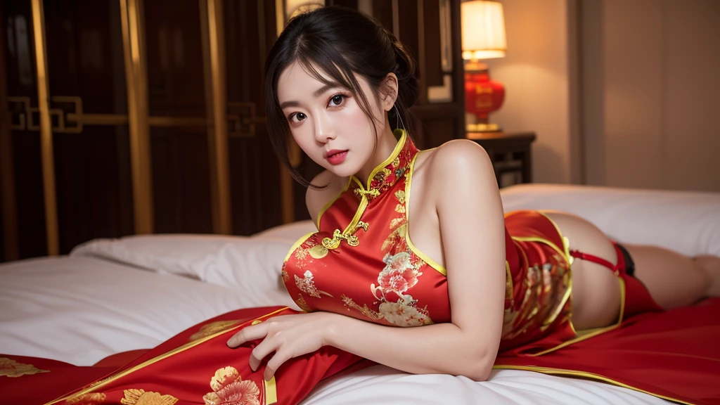 high resolution, adult woman , good lighting, despicable, , (no nudity), (((chinese dress))), (()), ((())), (garter belt), just abdomen, (), , cute face, yo'I'm embarrassed and blushed, humiliating, ((Turn around and look back)), ((transparentes))()(T-back)(a large amount is in the body,) sexy photo, eastern landscape