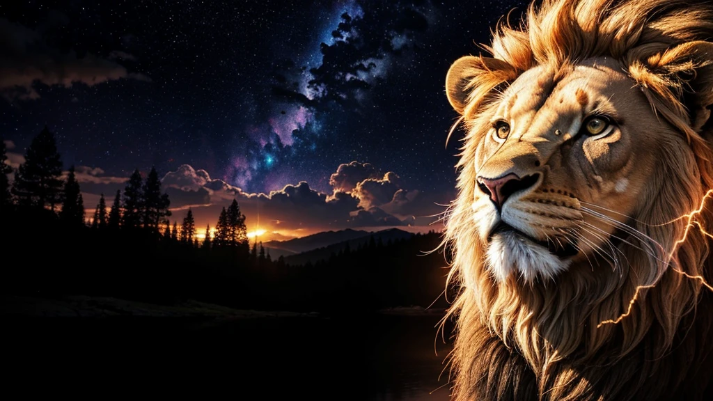 Lion, Divine Lion, naturals, Thunders, Realistic Lion, rey, realistic detailed, Sunset Light, Sky, Night Sun, realistic detailed 16K, Eletricidade Detalhada 8K, Texturas realistas de 8K, Cores photorrealistic 8K, fire azul, realistic detailed Fire Bolt, Sky Light Detailed, Power of thunder, Divine realistic, golden crown, golden crown, golden crown, naturey, Linda, Rendering, photorrealistic, UltraHigh definition, 4K, detailed textures, thunder, detailed shadows, detailed colors, neon blue, blue light, lightnings, blue power, naturey Linda, Great Divine, Peaceful Face, naturalss, lightning, Electric Power Screw, detailed contrast, realistic contrast, high resolution, detailed colors, fire, villany, divine creature, 8K FullHD, realistic detailed, 16K, 8K, High definition, detailed contrast, realistic contrast, high resolution, detailed colors, fire, villany, divine creature, 8K Realistic Lion Face, realistic detailed, posh, elegance